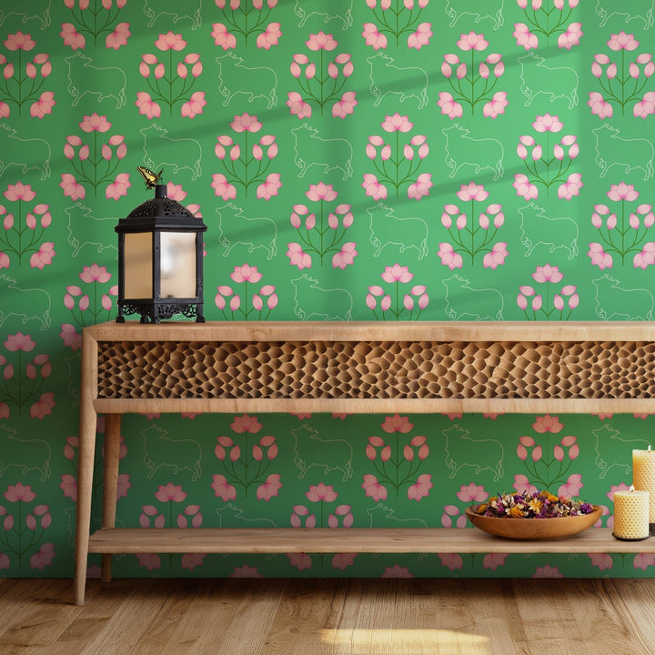 Ethnic India Themed Pink Lotus in Green Background Premium Wallpaper Murals For Home, Hotel and Café Decoration