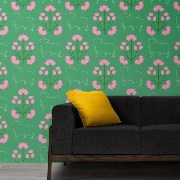 Ethnic India Themed Pink Lotus in Green Background Premium Wallpaper Murals For Home, Hotel and Café Decoration