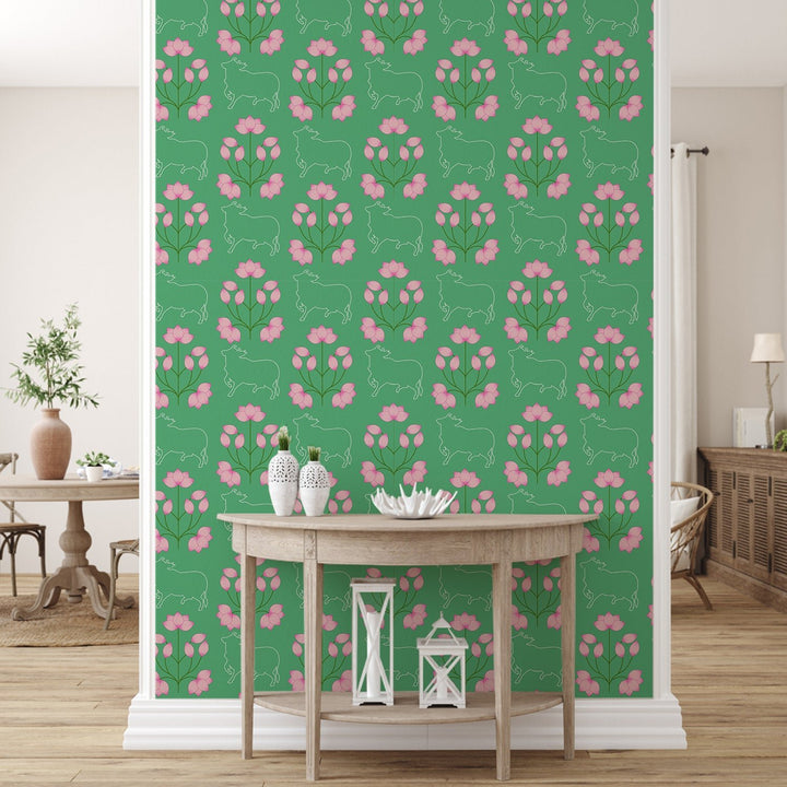 Ethnic India Themed Pink Lotus in Green Background Premium Wallpaper Murals For Home, Hotel and Café Decoration