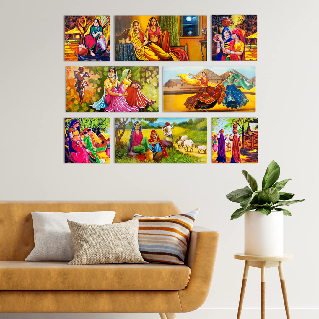 Ethnic Indian Village Canvas Painting Frame for Living Room Wall Decoration