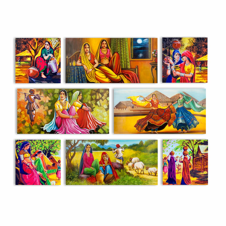 Ethnic Indian Village Canvas Painting Frame for Living Room Wall Decoration