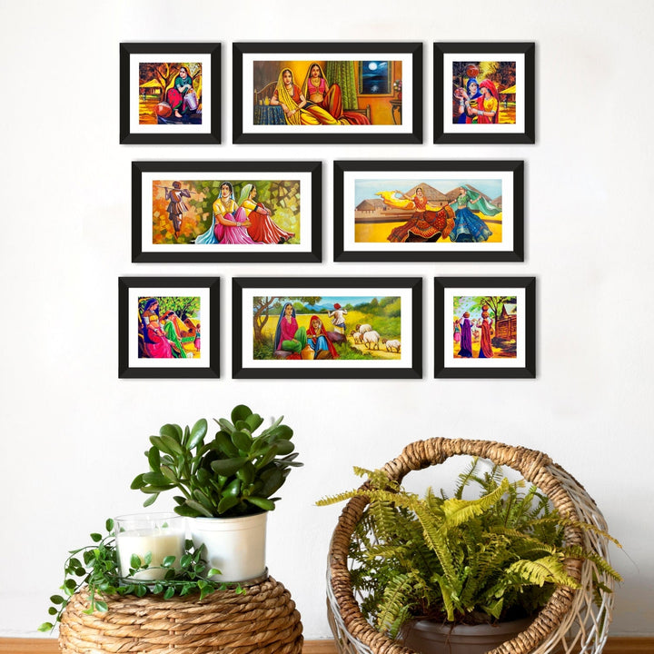 Ethnic Indian Village Canvas Painting Framed For Home and Hotel Wall Decoration