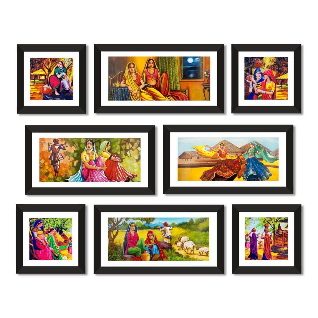 Ethnic Indian Village Canvas Painting Framed For Home and Hotel Wall Decoration