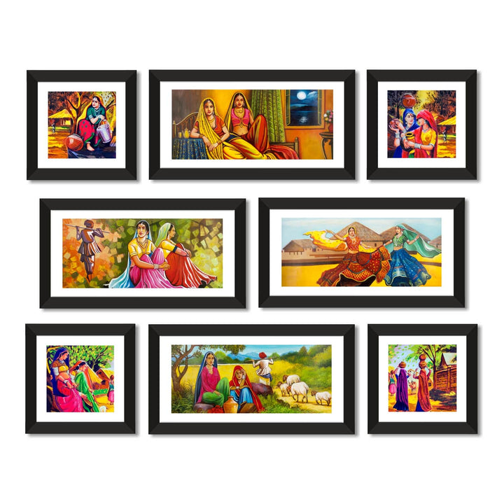 Ethnic Indian Village Canvas Painting Framed For Home and Hotel Wall Decoration