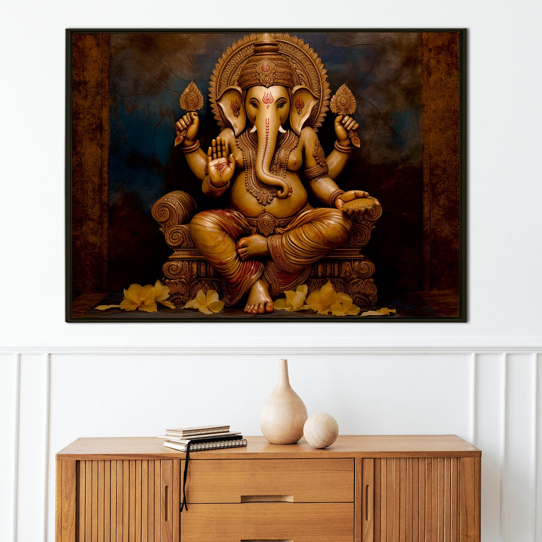 Large sized framed Lord Ganesha canvas painting for home and office. (GNWA04)
