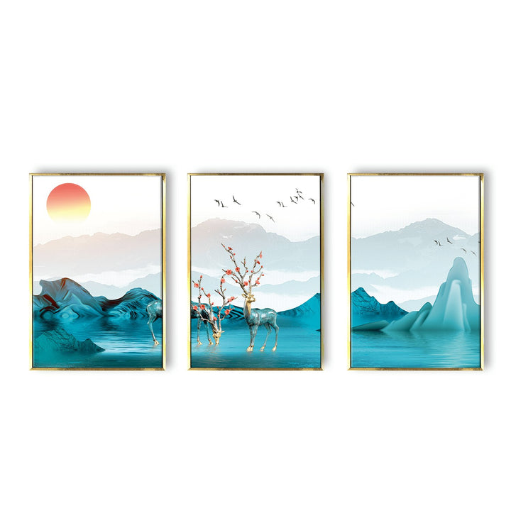 Luxury deer, mountains and flocks of birds Wall art painting for living Room Wall decor