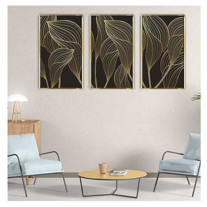 Luxury Gold Leaves Painting Framed For Living Room Wall Decoration (3_Panels)