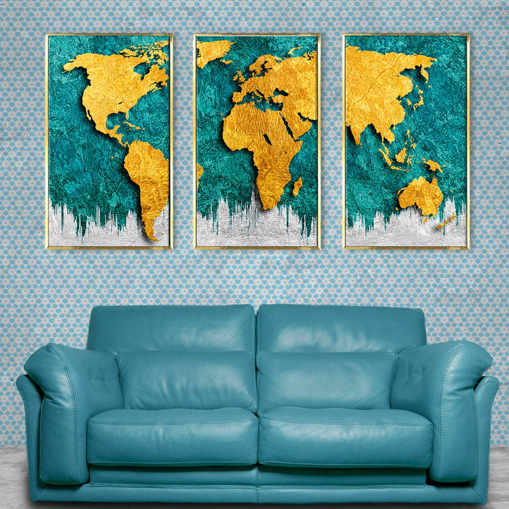 Modern gold and gray abstract world map Wall Art For Living Room Wall decoration