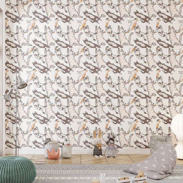 Multicolor Cats and her Baby Wallpaper for Kids Rooms Wall Decoration