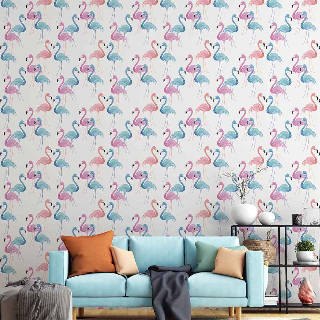 Pink and Blue Flamingos Feature Watercolour Wallpaper For Living Room Wall Decoration