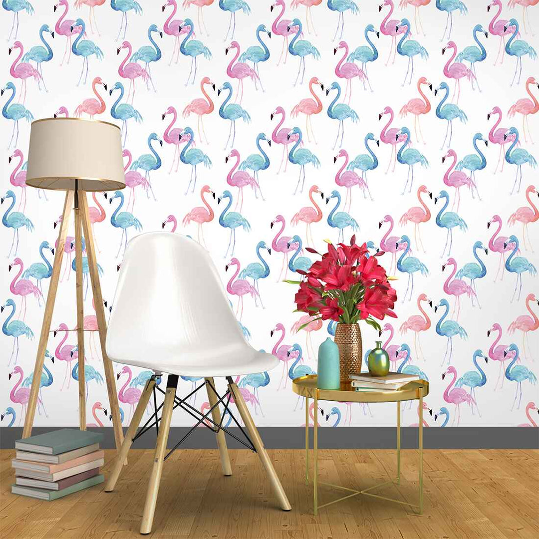 Pink and Blue Flamingos Feature Watercolour Wallpaper For Living Room Wall Decoration