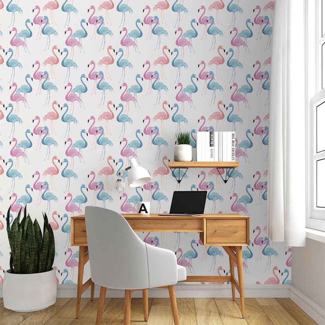 Pink and Blue Flamingos Feature Watercolour Wallpaper For Living Room Wall Decoration