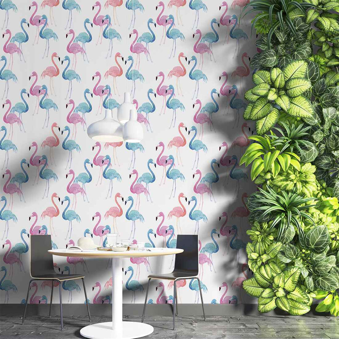 Pink and Blue Flamingos Feature Watercolour Wallpaper For Living Room Wall Decoration