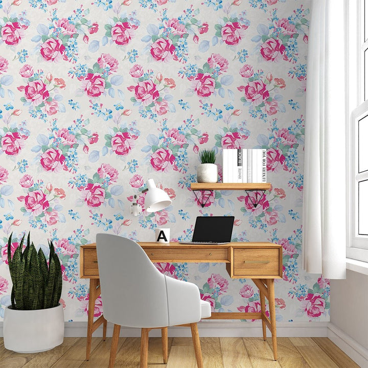 Pink Rose Floral Wallpaper For Restaurants and Café Wall decoration