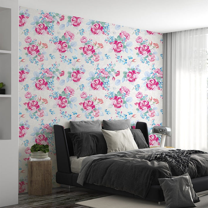 Pink Rose Floral Wallpaper For Restaurants and Café Wall decoration