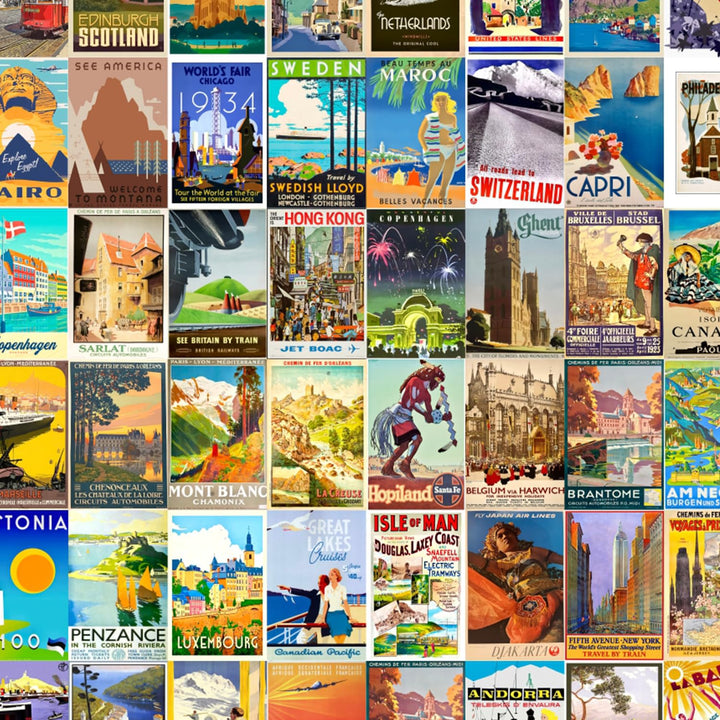 Posters Set of 120 Small Wall Poster Set Wall Collage for Home Decoration Office Decor Size 6 in x 4 inch (VINTAGE TRAVEL)