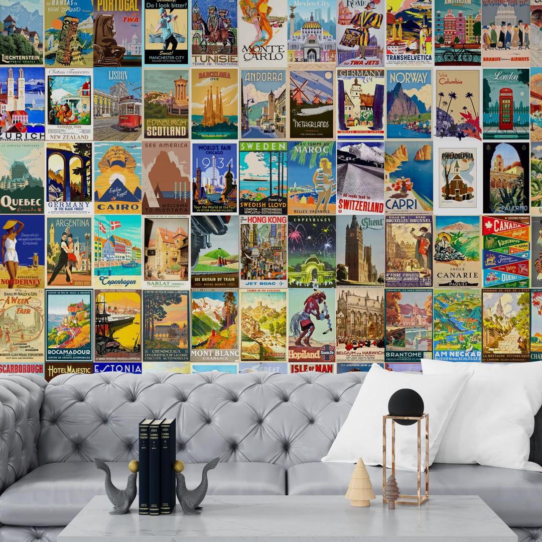 Posters Set of 120 Small Wall Poster Set Wall Collage for Home Decoration Office Decor Size 6 in x 4 inch (VINTAGE TRAVEL)