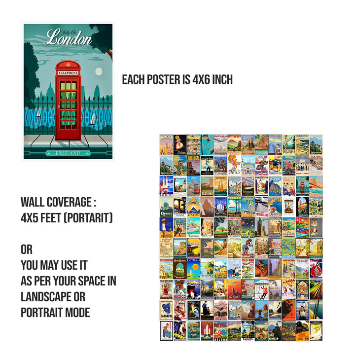 Posters Set of 120 Small Wall Poster Set Wall Collage for Home Decoration Office Decor Size 6 in x 4 inch (VINTAGE TRAVEL)