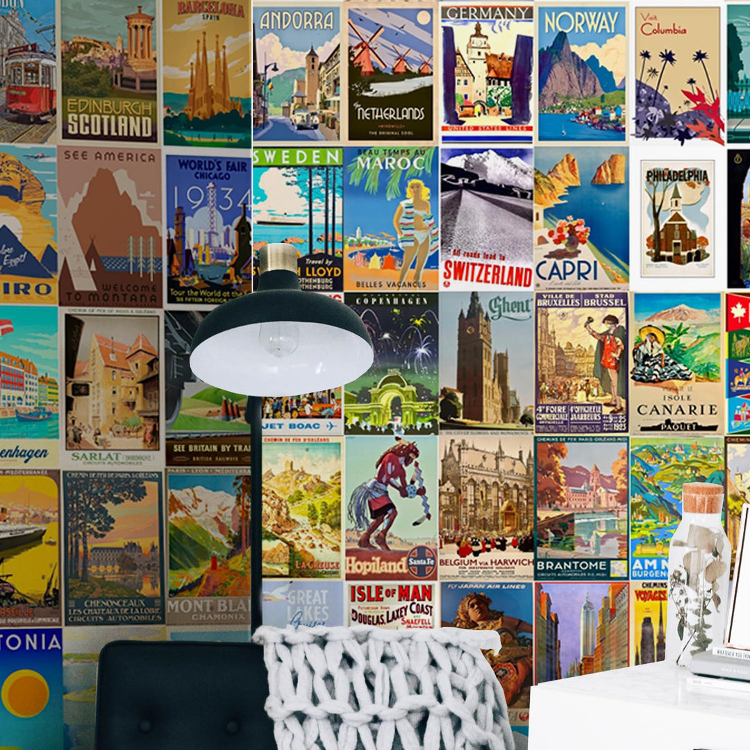 Posters Set of 120 Small Wall Poster Set Wall Collage for Home Decoration Office Decor Size 6 in x 4 inch (VINTAGE TRAVEL)