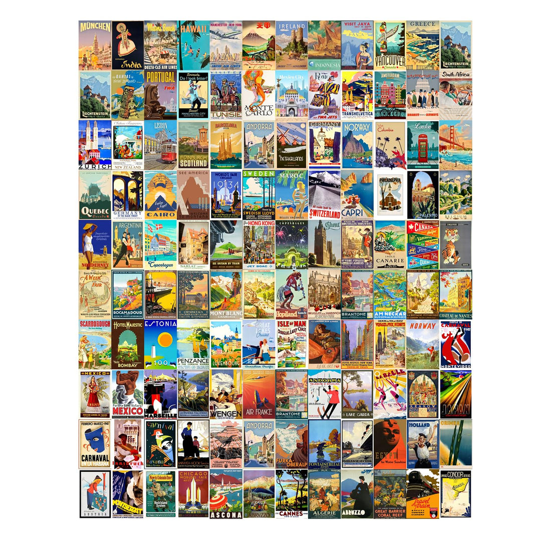 Posters Set of 120 Small Wall Poster Set Wall Collage for Home Decoration Office Decor Size 6 in x 4 inch (VINTAGE TRAVEL)