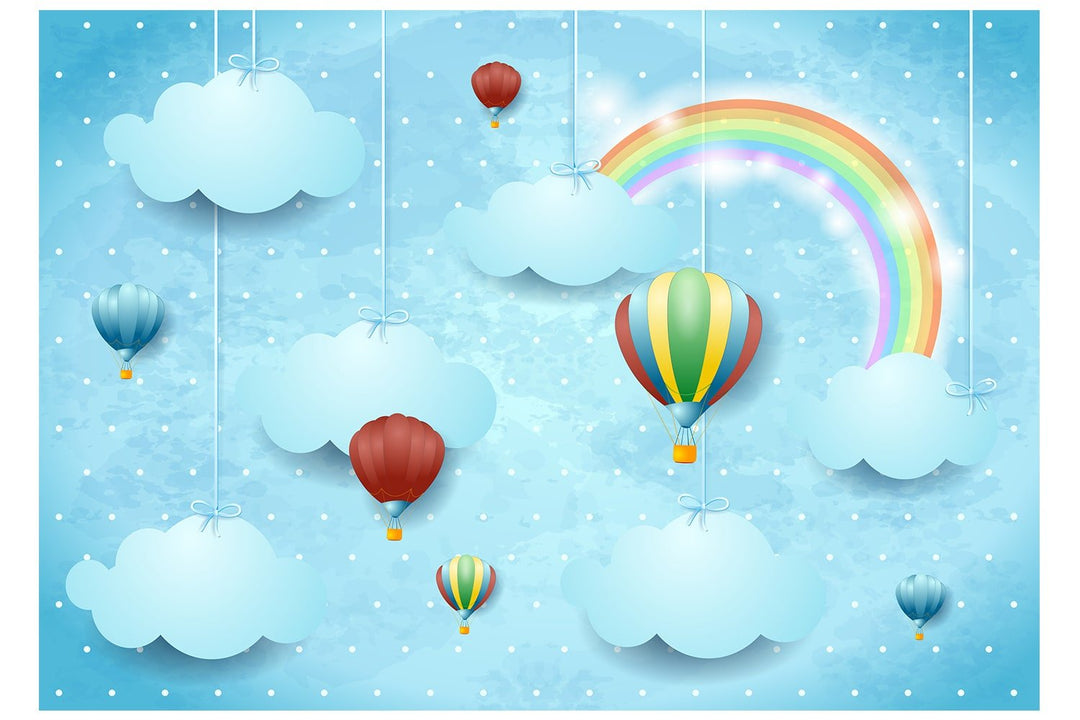Rainbow Blue Sky & Hot Air Balloon Wallpaper Mural For Kid's Room Wall decoration.