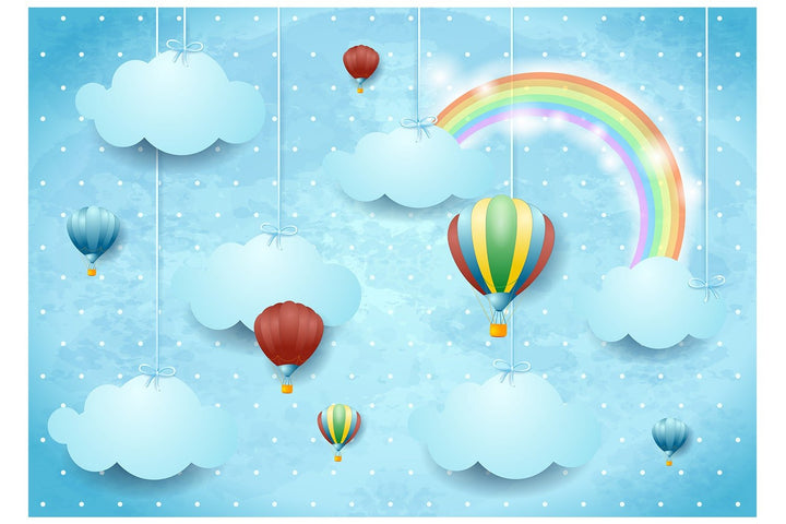 Rainbow Blue Sky & Hot Air Balloon Wallpaper Mural For Kid's Room Wall decoration.