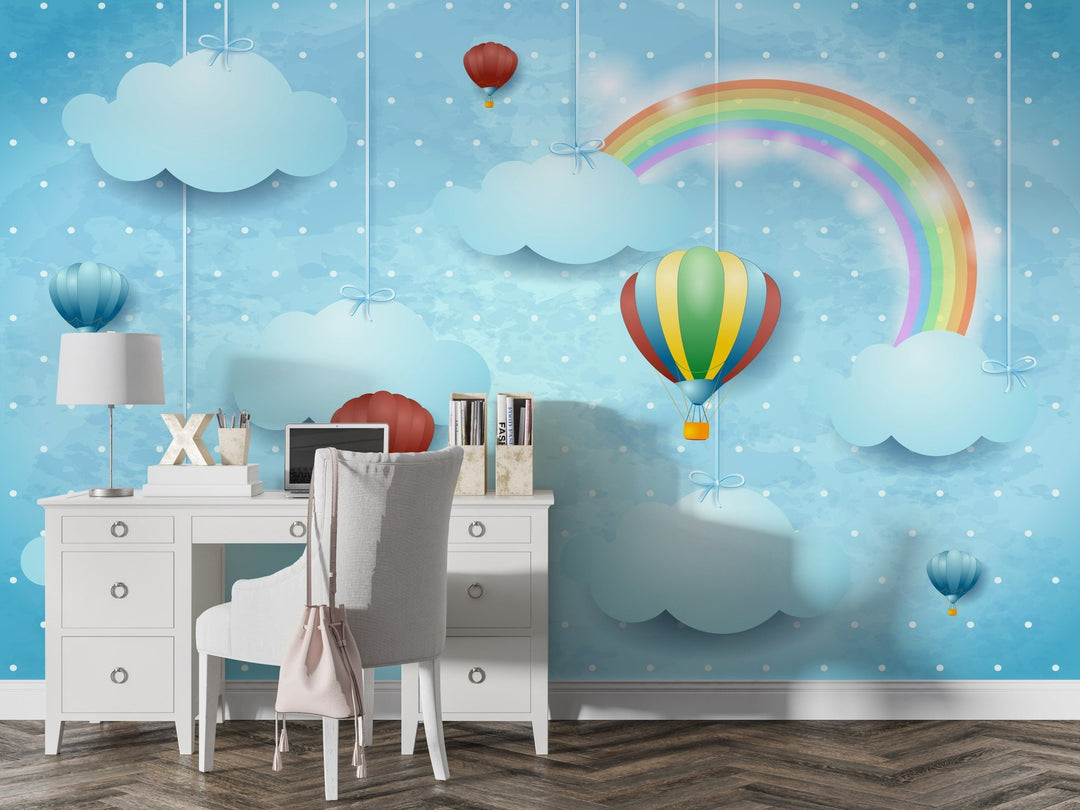 Rainbow Blue Sky & Hot Air Balloon Wallpaper Mural For Kid's Room Wall decoration.