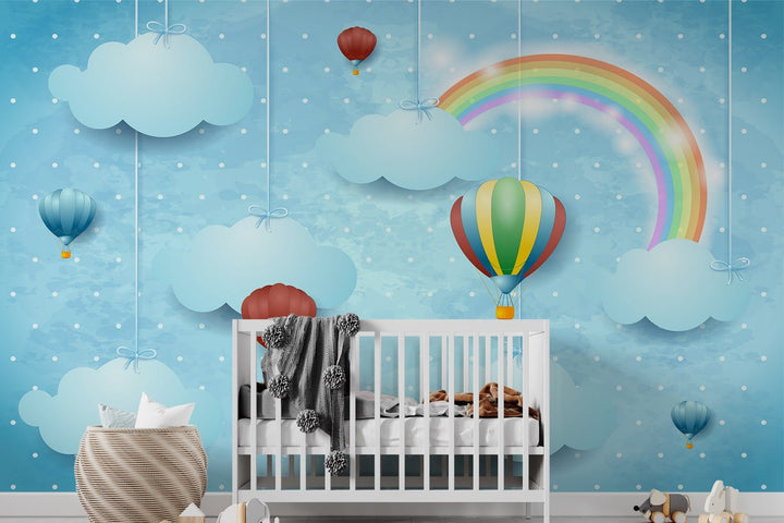 Rainbow Blue Sky & Hot Air Balloon Wallpaper Mural For Kid's Room Wall decoration.