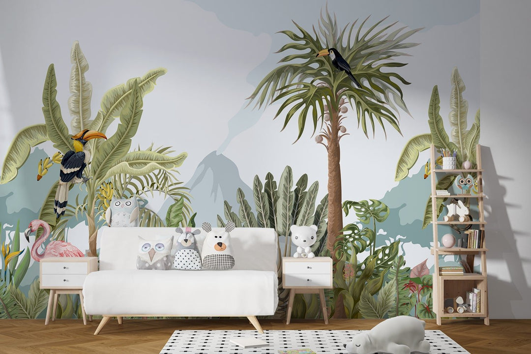 Rainforest Tropical Animals Wallpaper Mural For Kids Room Wall Decoration.