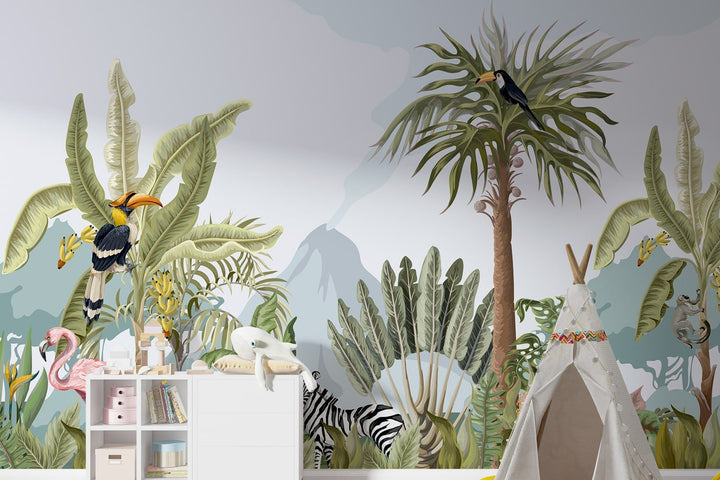 Rainforest Tropical Animals Wallpaper Mural For Kids Room Wall Decoration.