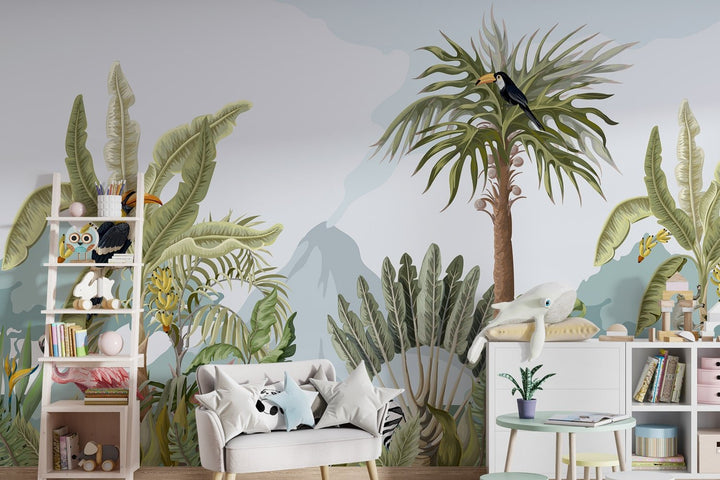 Rainforest Tropical Animals Wallpaper Mural For Kids Room Wall Decoration.