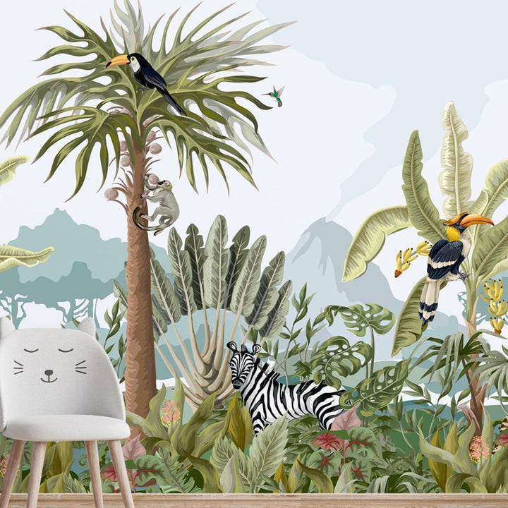 Tropical Jungle with Animals Wallpaper Murals for Kids Room Wall Decoration