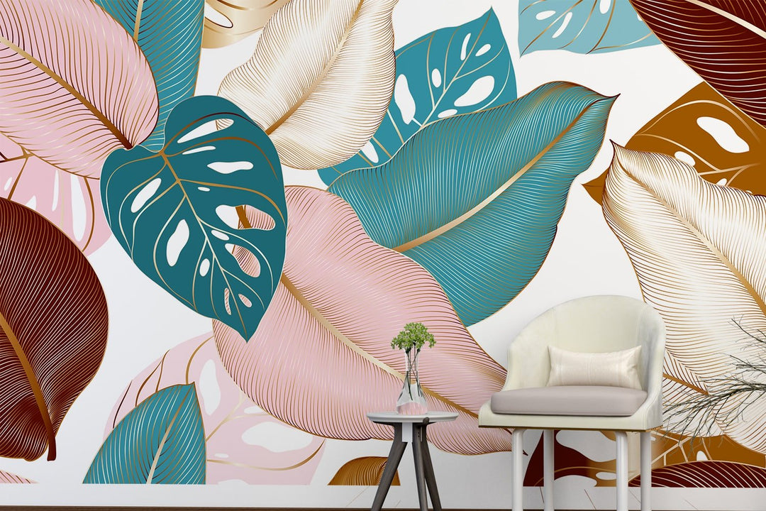Tropical Leaf Blue Pink Exotic Wallpaper Murals For Living Rooms Wall Decoration