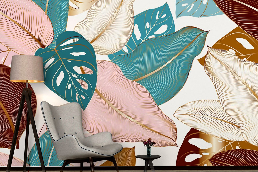 Tropical Leaf Blue Pink Exotic Wallpaper Murals For Living Rooms Wall Decoration