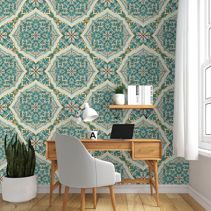 Turquoise and gold luxury Self Adhesive Turkish Wallpaper