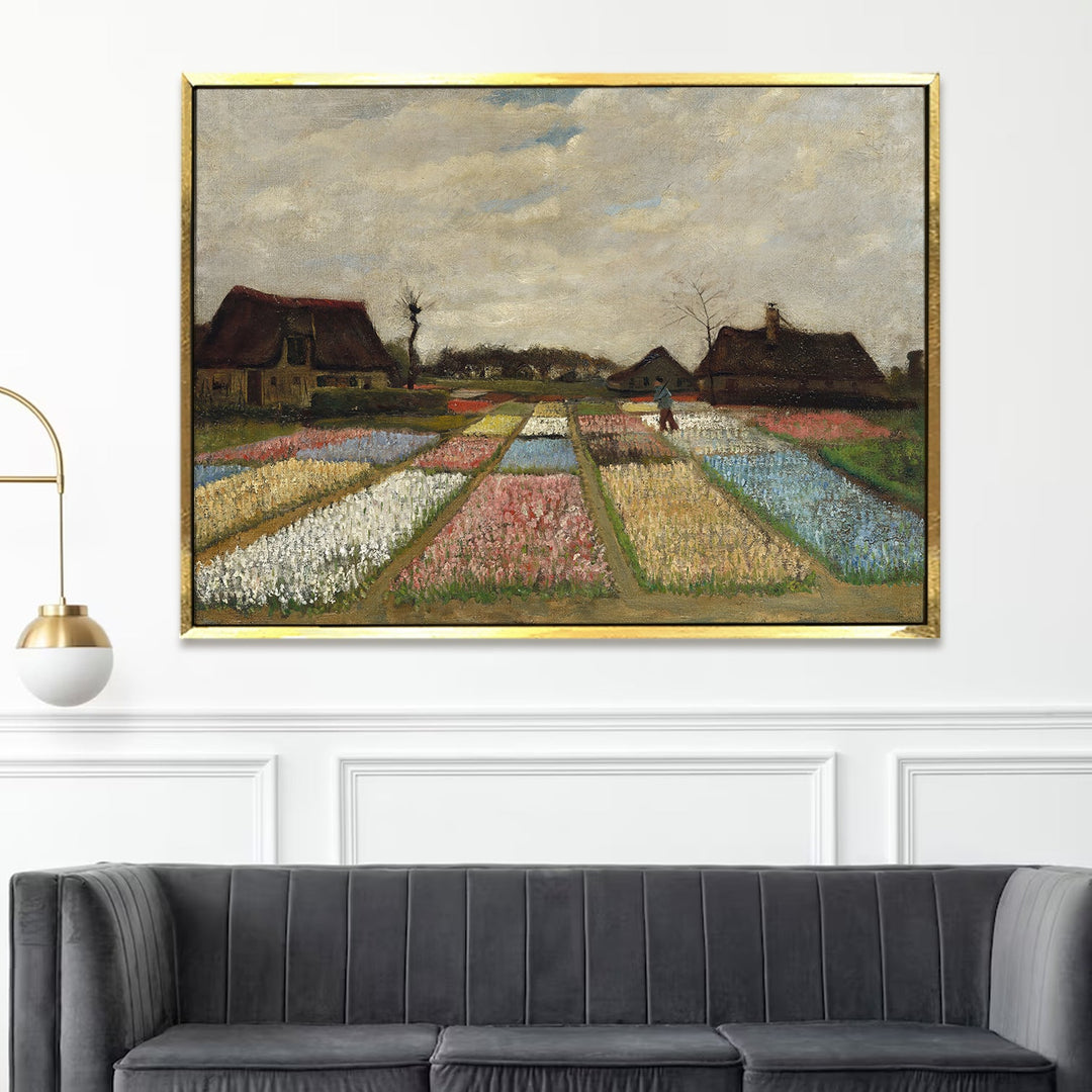 Vintage Van Gogh Canvas Framed Wall Art Large Size - Retro Bulb Fields Paintings - Flower Beds in Holland Art for Bedroom, Living Room Home Decor (VAWA03).