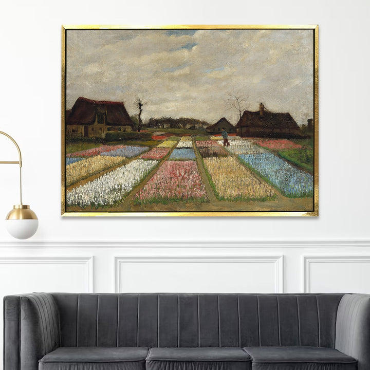 Vintage Van Gogh Canvas Framed Wall Art Large Size - Retro Bulb Fields Paintings - Flower Beds in Holland Art for Bedroom, Living Room Home Decor (VAWA03).