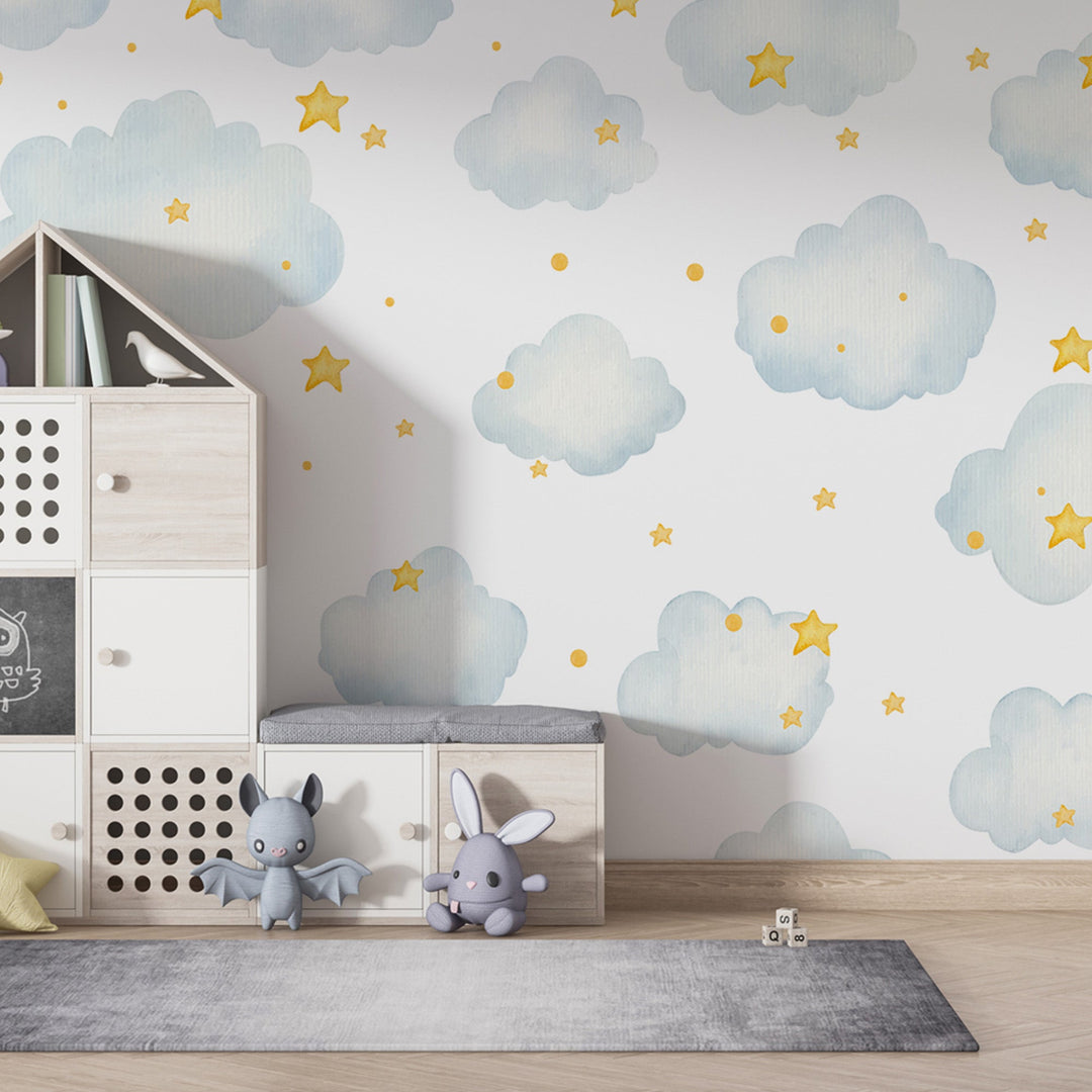 Watercolor Clouds and Stars Wallpaper Mural For kids Room wall decoration