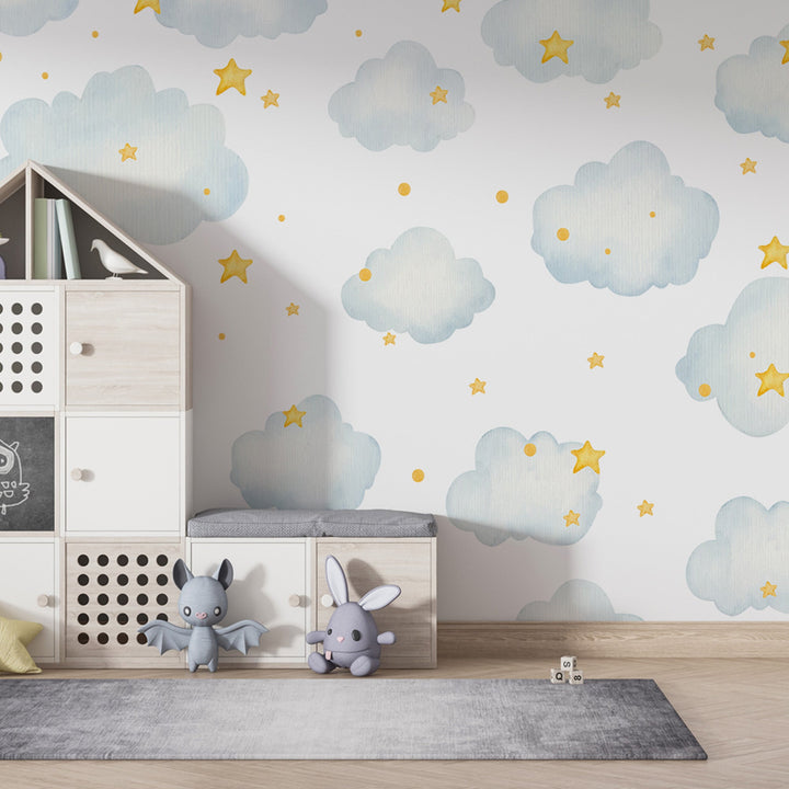 Watercolor Clouds and Stars Wallpaper Mural For kids Room wall decoration