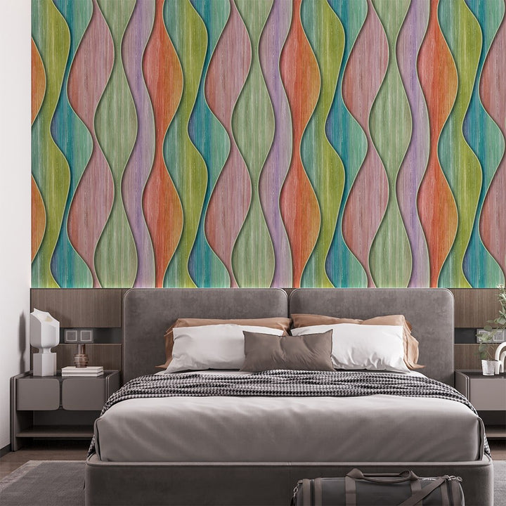 Wavy Lines Multicolor Wood wallpaper For Home and Café Decoration