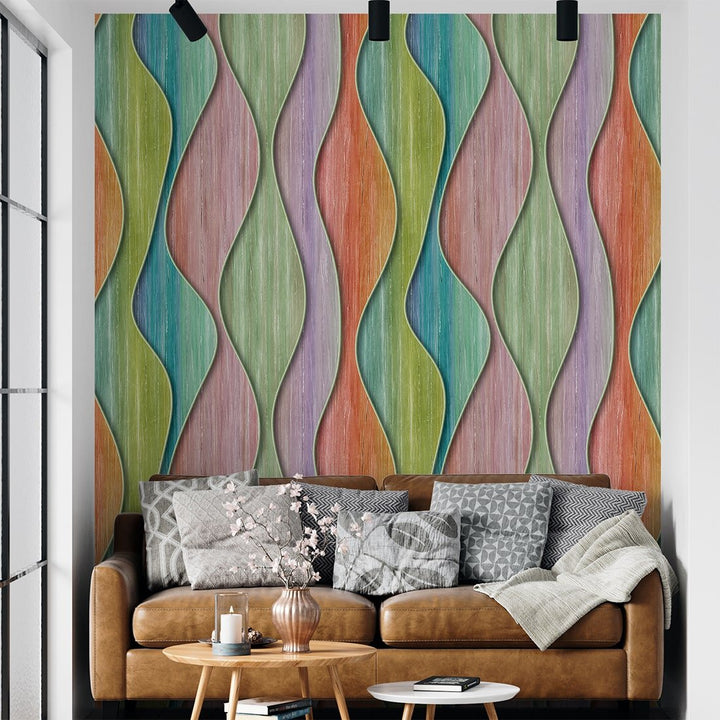 Wavy Lines Multicolor Wood wallpaper For Home and Café Decoration