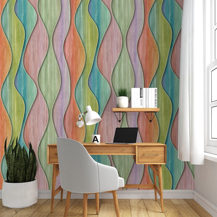 Wavy Lines Multicolor Wood wallpaper For Home and Café Decoration