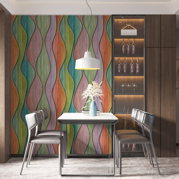 Wavy Lines Multicolor Wood wallpaper For Home and Café Decoration