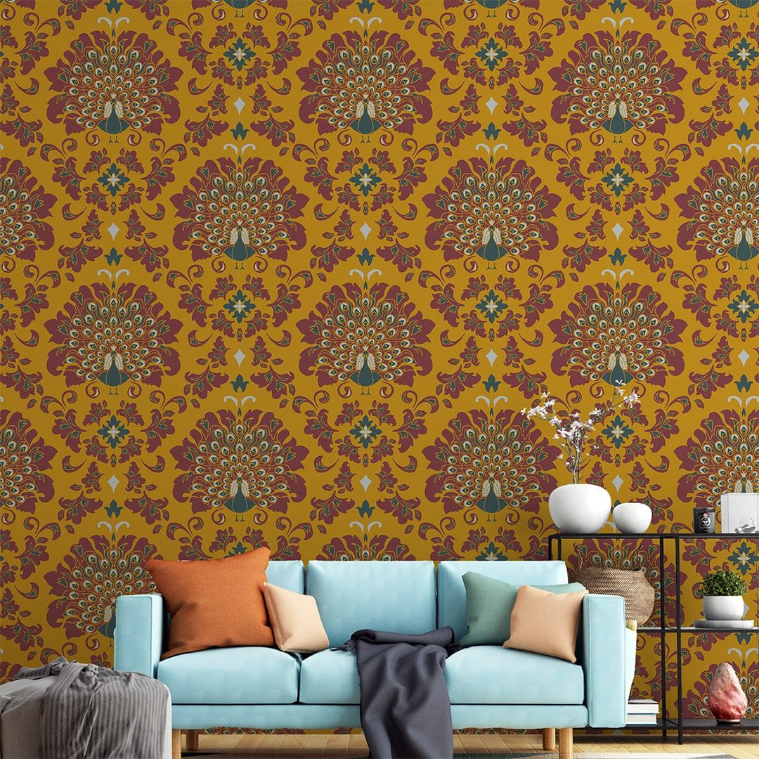 Yellow Peacock feather Vintage wallpaper for Home and Hotels Wall Decoration