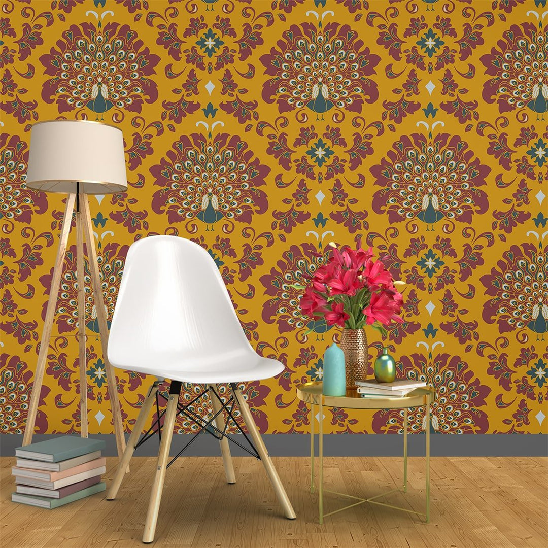 Yellow Peacock feather Vintage wallpaper for Home and Hotels Wall Decoration