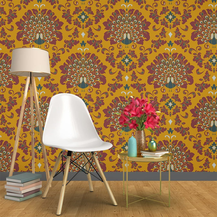Yellow Peacock feather Vintage wallpaper for Home and Hotels Wall Decoration