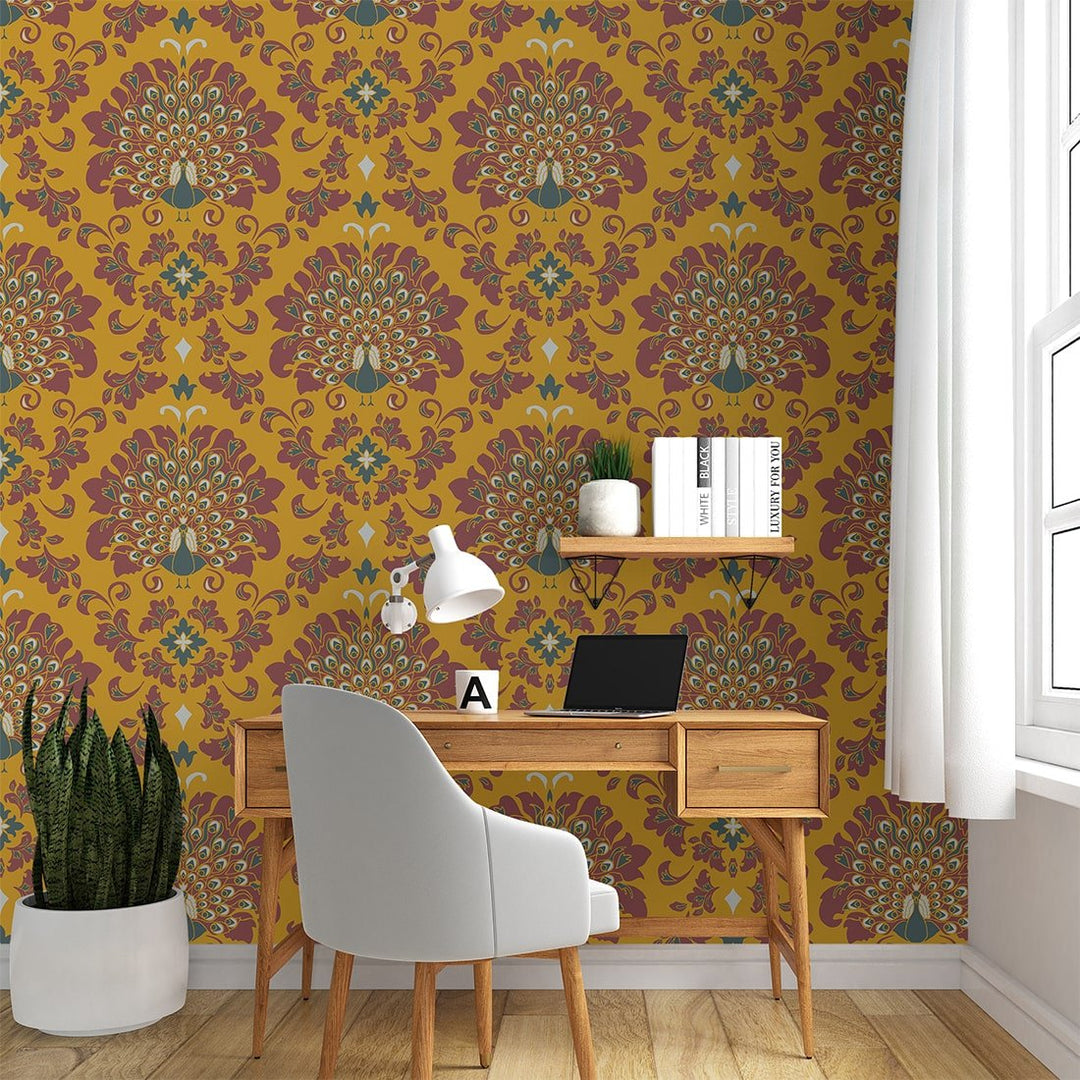 Yellow Peacock feather Vintage wallpaper for Home and Hotels Wall Decoration
