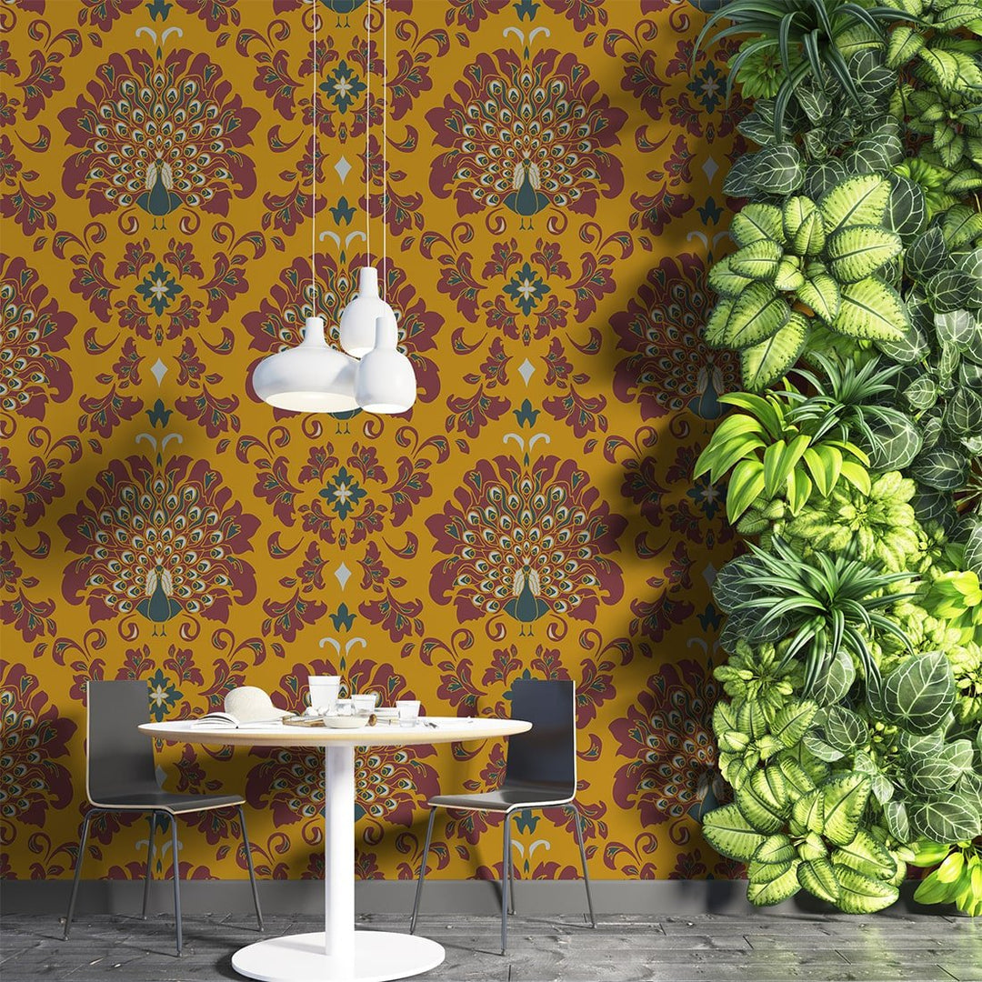 Yellow Peacock feather Vintage wallpaper for Home and Hotels Wall Decoration
