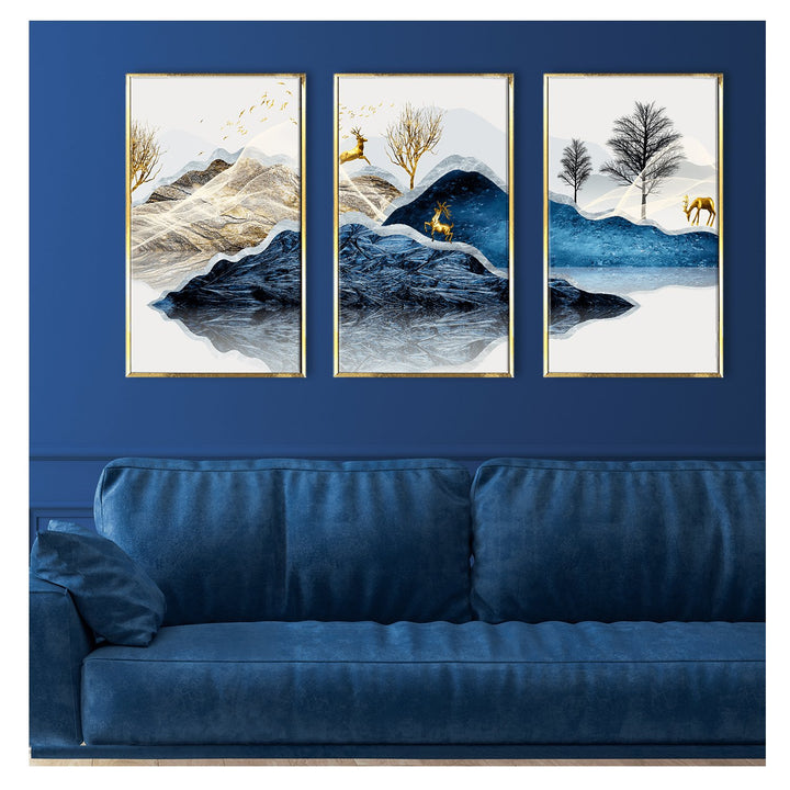 Yellow tree and deer on the Mountain Canvas Painting for hone and office Wall decoration