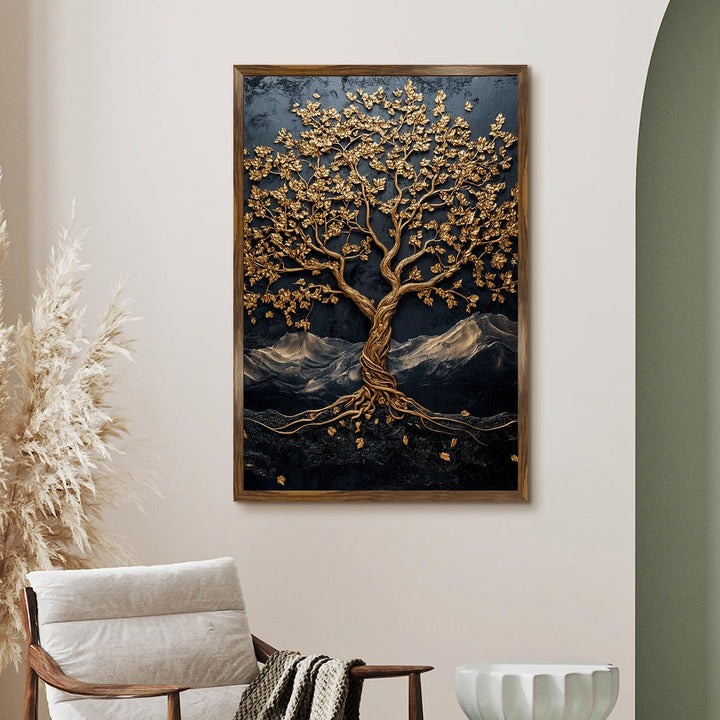Abstract Golden Lucky Wish tree, HD Canvas Print, Framed, Ready to Hang. (20 In x 30 In) (LWISWA74)